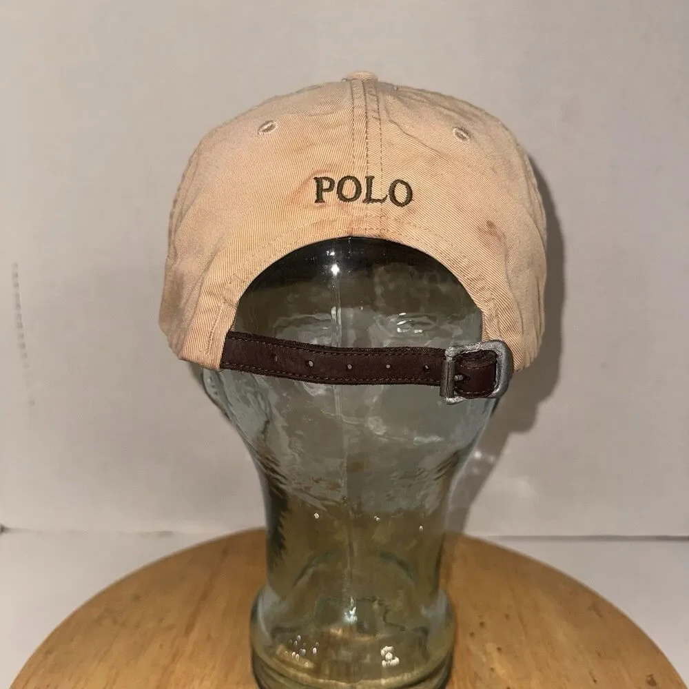 Polo Ralph Lauren Khaki Leather Strap Dad Hat Pony Logo Baseball Cap OSFA